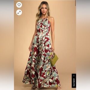 Heat Wave Babe Burgundy Floral Print Tie-Back Tiered Maxi Dress